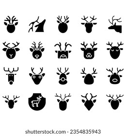 Jumping and standing deer, elk, antlers and antlers, deer head dolls and rolls. Thin line art icons set. Modern black symbol isolated on white for infographics or web use.