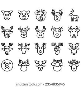 Jumping and standing deer, elk, antlers and antlers, deer head dolls and rolls. Thin line art icons set. Modern black symbol isolated on white for infographics or web use.