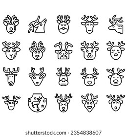 Jumping and standing deer, elk, antlers and antlers, deer head dolls and rolls. Thin line art icons set. Modern black symbol isolated on white for infographics or web use.