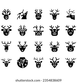 Jumping and standing deer, elk, antlers and antlers, deer head dolls and rolls. Thin line art icons set. Modern black symbol isolated on white for infographics or web use.