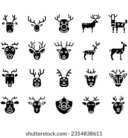 Jumping and standing deer, elk, antlers and antlers, deer head dolls and rolls. Thin line art icons set. Modern black symbol isolated on white for infographics or web use.