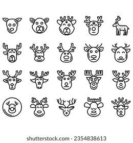 Jumping and standing deer, elk, antlers and antlers, deer head dolls and rolls. Thin line art icons set. Modern black symbol isolated on white for infographics or web use.