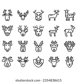 Jumping and standing deer, elk, antlers and antlers, deer head dolls and rolls. Thin line art icons set. Modern black symbol isolated on white for infographics or web use.