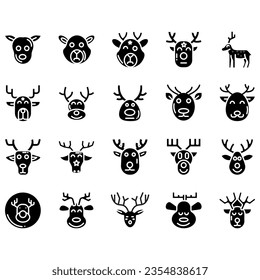 Jumping and standing deer, elk, antlers and antlers, deer head dolls and rolls. Thin line art icons set. Modern black symbol isolated on white for infographics or web use.