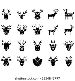 Jumping and standing deer, elk, antlers and antlers, deer head dolls and rolls. Thin line art icons set. Modern black symbol isolated on white for infographics or web use.