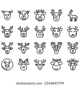 Jumping and standing deer, elk, antlers and antlers, deer head dolls and rolls. Thin line art icons set. Modern black symbol isolated on white for infographics or web use.