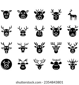 Jumping and standing deer, elk, antlers and antlers, deer head dolls and rolls. Thin line art icons set. Modern black symbol isolated on white for infographics or web use.