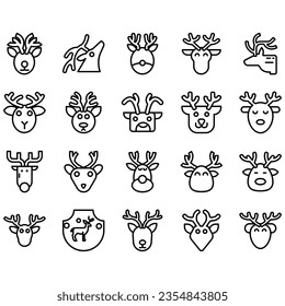 Jumping and standing deer, elk, antlers and antlers, deer head dolls and rolls. Thin line art icons set. Modern black symbol isolated on white for infographics or web use.