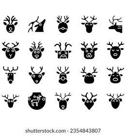 Jumping and standing deer, elk, antlers and antlers, deer head dolls and rolls. Thin line art icons set. Modern black symbol isolated on white for infographics or web use.