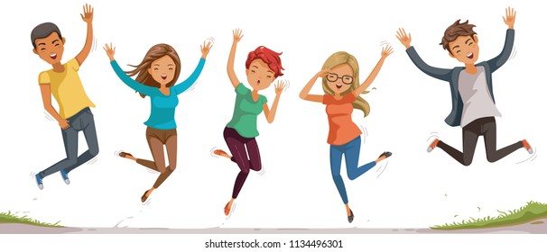 Jumping student. Teenagers jumping happiness together. freedom of feeling.  motion, diversity and people. Commitment of the youth of society concept. Vector illustrations isolated on white background