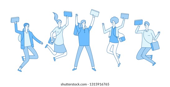 Jumping student. Young happy college students with books friends teenagers smiling in jump. Studying and education line vector concept