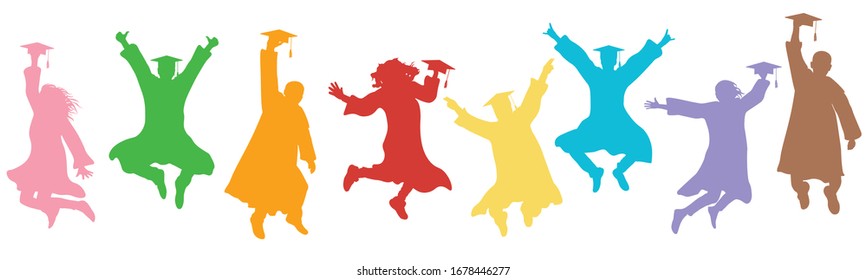 Jumping students graduates in mantles and square caps on graduation. Colorful silhouettes, vector illustration.