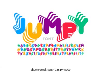 Jumping style font, alphabet letters and numbers vector illustration