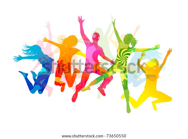 Jumping Summer People. Healthy young people hospital wallpaper mural illustration.