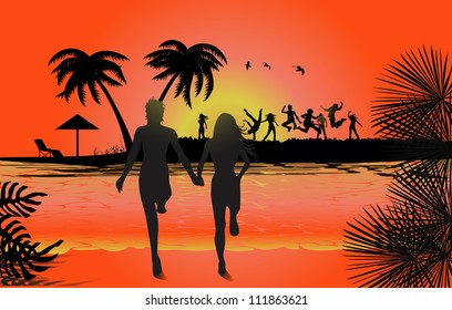 Jumping in sunset at beach, tropical backgrounds