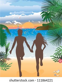 Jumping in sunset at beach, tropical backgrounds