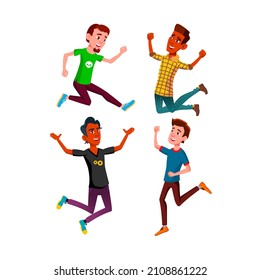 jumping teen boy set. young man. jump male. joy teenager. excited person. fun guy. sport student. action child vector illustration