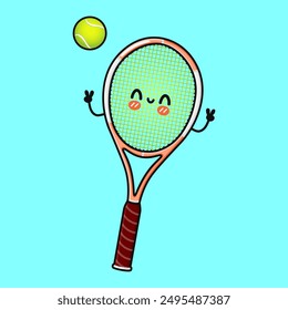 Jumping Tennis racquet. Vector hand drawn cartoon kawaii character illustration icon. Isolated on blue background. Tennis racquet character concept