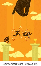 Jumping through hoops
Businessmen having to jump through hoops, held by strings from a hand, to achieve success. The people, hand, and hoops are on a separate labeled layer from the background.