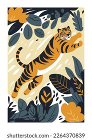 jumping Tiger in the jungle . Hand drawn flat color vector illustration in flat style