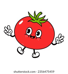 Jumping Tomato character. Vector hand drawn traditional cartoon vintage, retro, kawaii character illustration icon. Isolated on white background. Tomato jump character concept