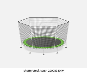 Jumping trampoline with safety net protection. Isolated trampoline for children and adults for fun indoor or outdoor fitness jumping. Realistic 3d vector illustration