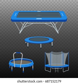 Jumping trampoline vector flat realistic icon. Isolated trampoline set for children and adults for fun indoor or outdoor fitness jumping on transparent background