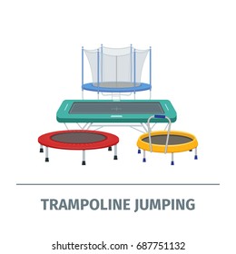 Jumping trampoline vector flat realistic icon. Isolated trampoline set for children and adults for fun indoor or outdoor fitness jumping on white background