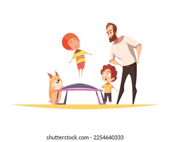 Jumping trampolines composition with flat cartoon human characters and images of amusement appliance vector illustration