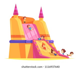 Jumping trampolines composition with images of huge flow spreading hump and cartoon human characters of kids vector illustration