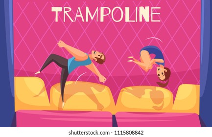 Jumping trampolines horizontal background with editable text and flat human characters of man and woman vector illustration