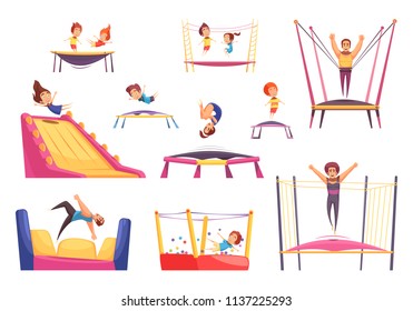Jumping trampolines set of isolated images with trampolining people of different age and rebounders of different shape vector illustration