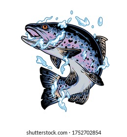 Jumping trout fish in water splashes in vintage style isolated vector illustration