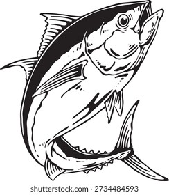 Jumping Tuna Fish Line Art, Vintage Fishing Vector Illustration