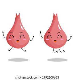 Jumping of two happy cute red onions character illustration. For mascot, emoticon, expression, icon, button, cartoon or comic character, element of kids book, application, decoration, and toys design