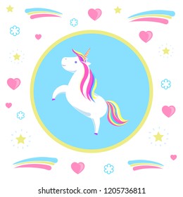 Jumping unicorn mysterious horse from fairy tales in blue circle on pattern with hearts and dots. Childish animal character with rainbow mane vector