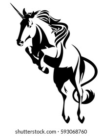 jumping unicorn  - mythical horse black and white vector design