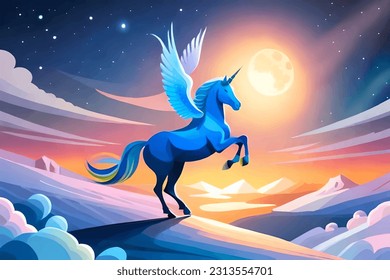 Jumping unicorn, Pegasus, unicorn with wings, fantasy landscape