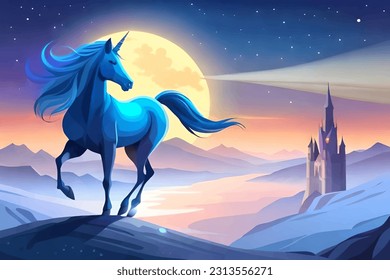 Jumping unicorn, Pegasus, unicorn with wings, fantasy landscape