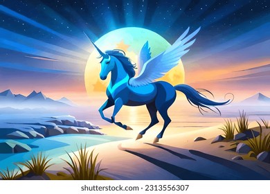 Jumping unicorn, Pegasus, unicorn with wings, fantasy landscape