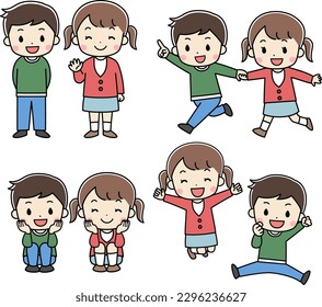 Jumping, walking, children's illustration set