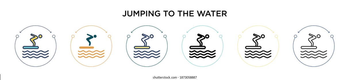 Jumping to the water icon in filled, thin line, outline and stroke style. Vector illustration of two colored and black jumping to the water vector icons designs can be used for mobile, ui, web