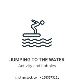 Jumping to the water outline vector icon. Thin line black jumping to the water icon, flat vector simple element illustration from editable activity and hobbies concept isolated on white background