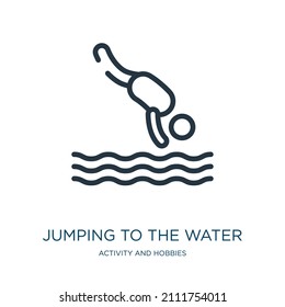 Springen auf das Wasser dünne Linie Symbol. Jump, Activity Lineare Icons von Aktivität und Hobbys Konzept isolierte Umriss-Zeichen. Vektorgrafik-Symbol-Element für Webdesign und Apps.