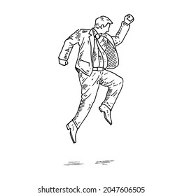 Jumping.	a well-dressed man jumps high in the air gait.	Retro vintage sketch vector illustration. Engraving style. black isolated on white background. vector draw graphic design illustration sketch.