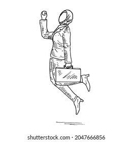Jumping.	a well-dressed woman jumps with a bag in her left hand, wearing a hijab.	Retro vintage sketch vector illustration. Engraving style. black isolated on white background. vector draw graphic 