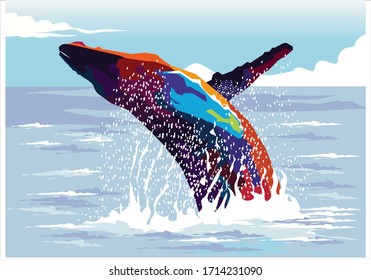 Jumping whale in pop art style for illustration and background