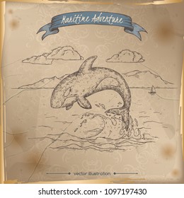 Jumping whale sketch. Maritime adveture series. Great for travel ads and brochures, sailing and tourist illustrations.