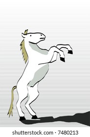 Saltando caballo blanco delante de un fondo rayado