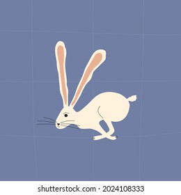 Jumping white rabbit with long ears. Cute bunny isolated. Running hare on a blue background. Easter card. Forest animal hand drawn vector illustration.